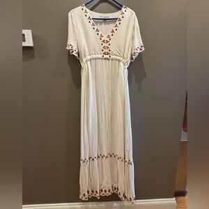LOFT Boho Cream Maxi Dress with Rust and Navy Embroidery